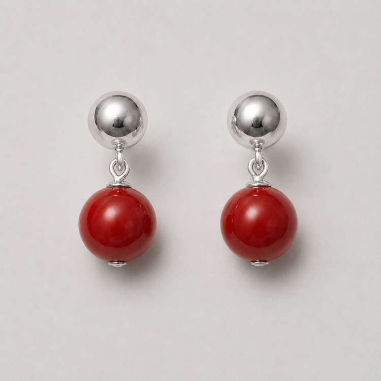 Bead Earrings Red Silver