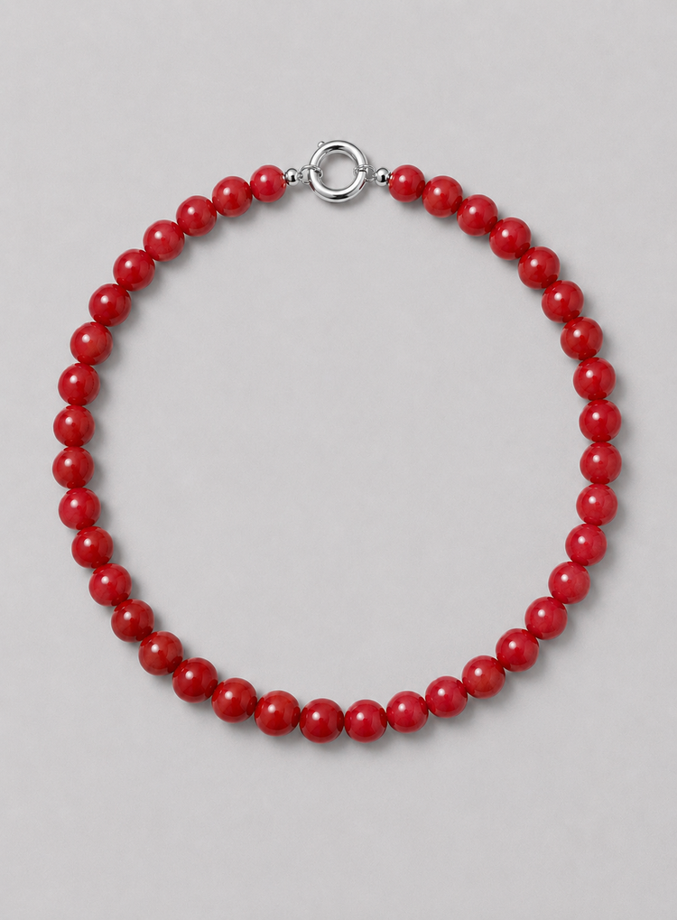 Bead Necklace Red Silver