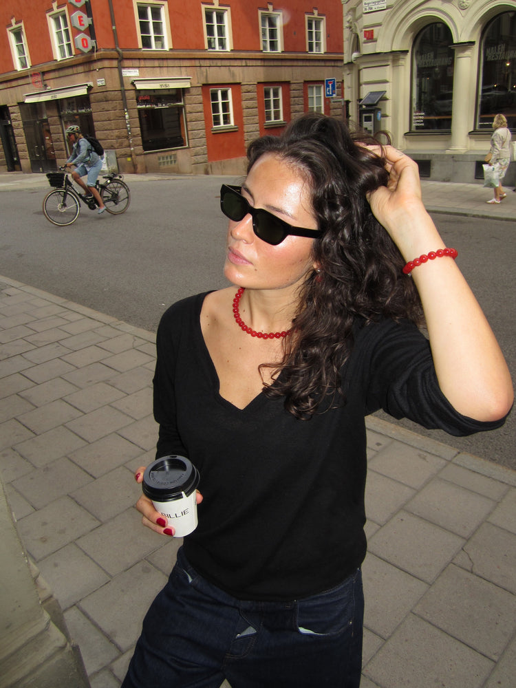 Bead Necklace Red Silver