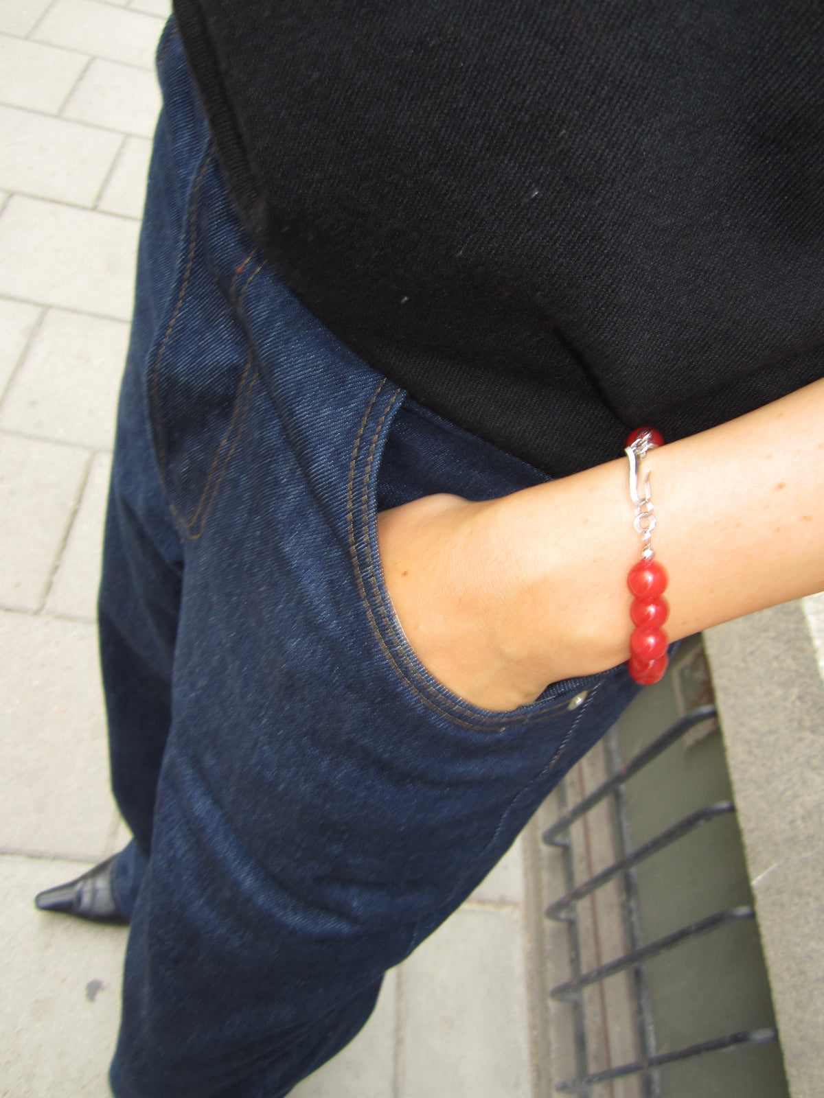 Bead Bracelet Red Silver
